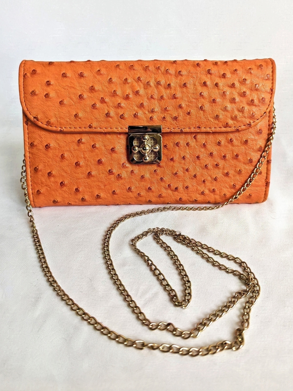 Orange Ostrich Imitation Leather Crossbody Clutch with Golden Chain